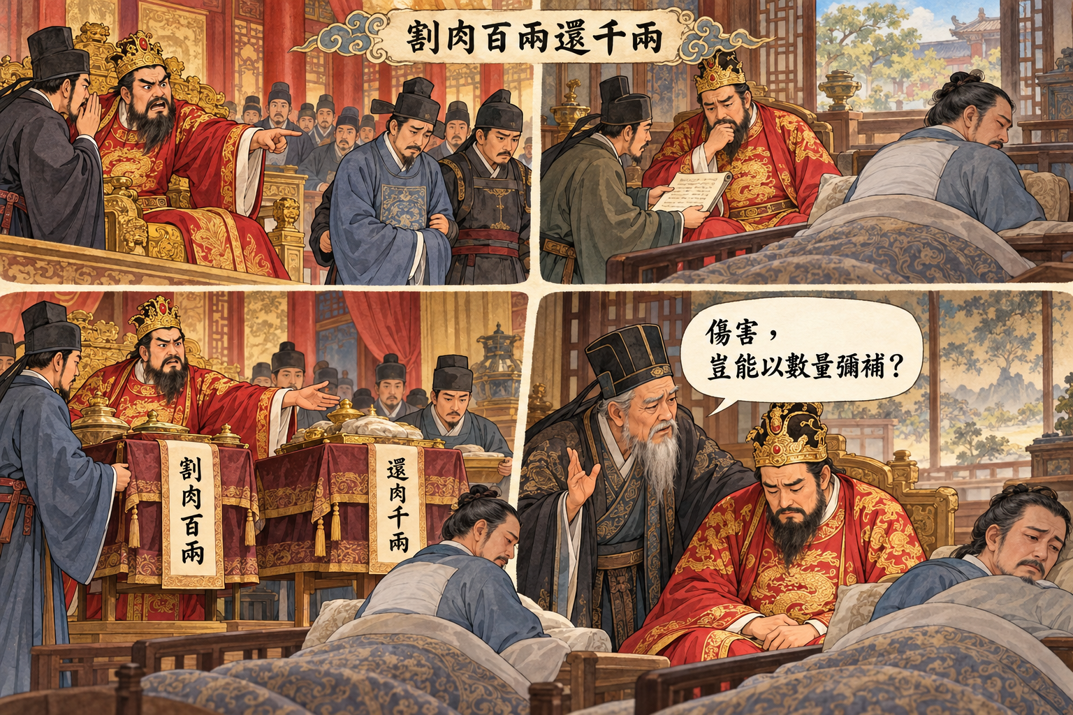 男子往返割肉百兩還千兩與樓下剝駱駝皮，最後將死駱駝吊上樓，旁人見狀發笑的故事插畫